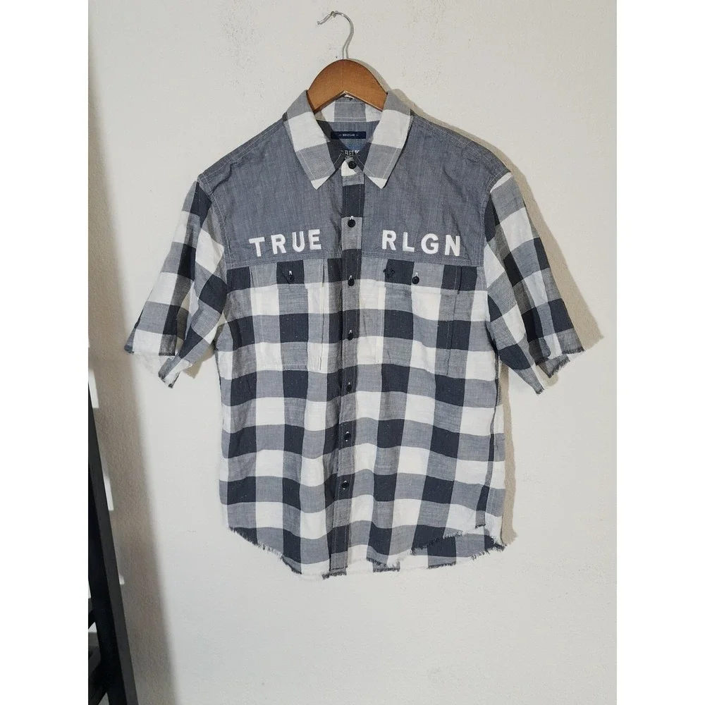 True Religion Men Shirts Plaid Black Grey Checker Gray small new w tag. bin 32